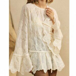 NEW 2026 Cream Embroidery  ruffle Pearl Blouse